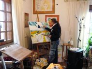 Michel Montecrossa working on his painting 'Self Portrait as a Landscape''